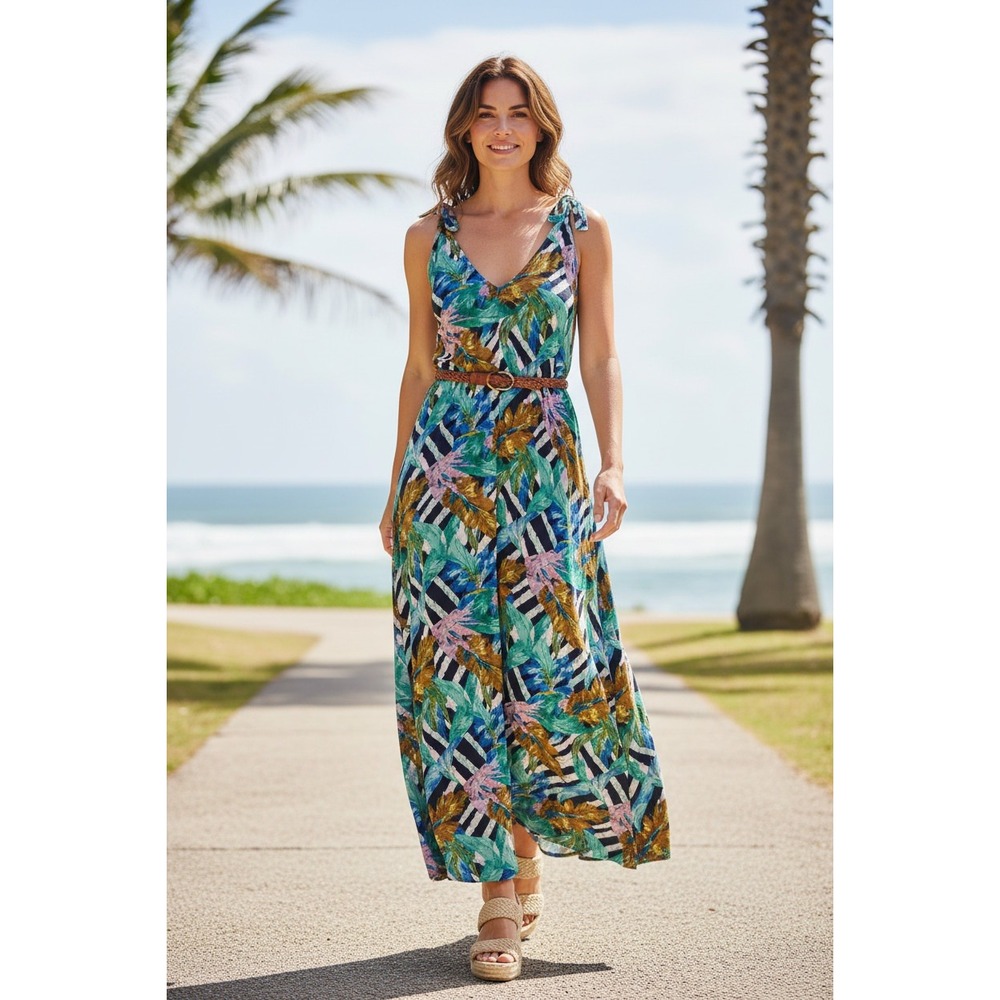 Show Me Your Mumu Tropical Floral Stripe V-Neck Maxi Dress Resort S/M USA $178